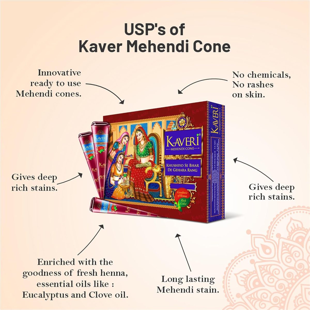 Kaveri Natural Henna Mehandi Cone for Hands & Hair Herbal Rajasthani Henna Paste in Natural Dark Brown Color With Nilgiri Oil for Bridal Dulhan Wedding Occasion Instant Mehendi Cone - Pack of 12 - Image 3