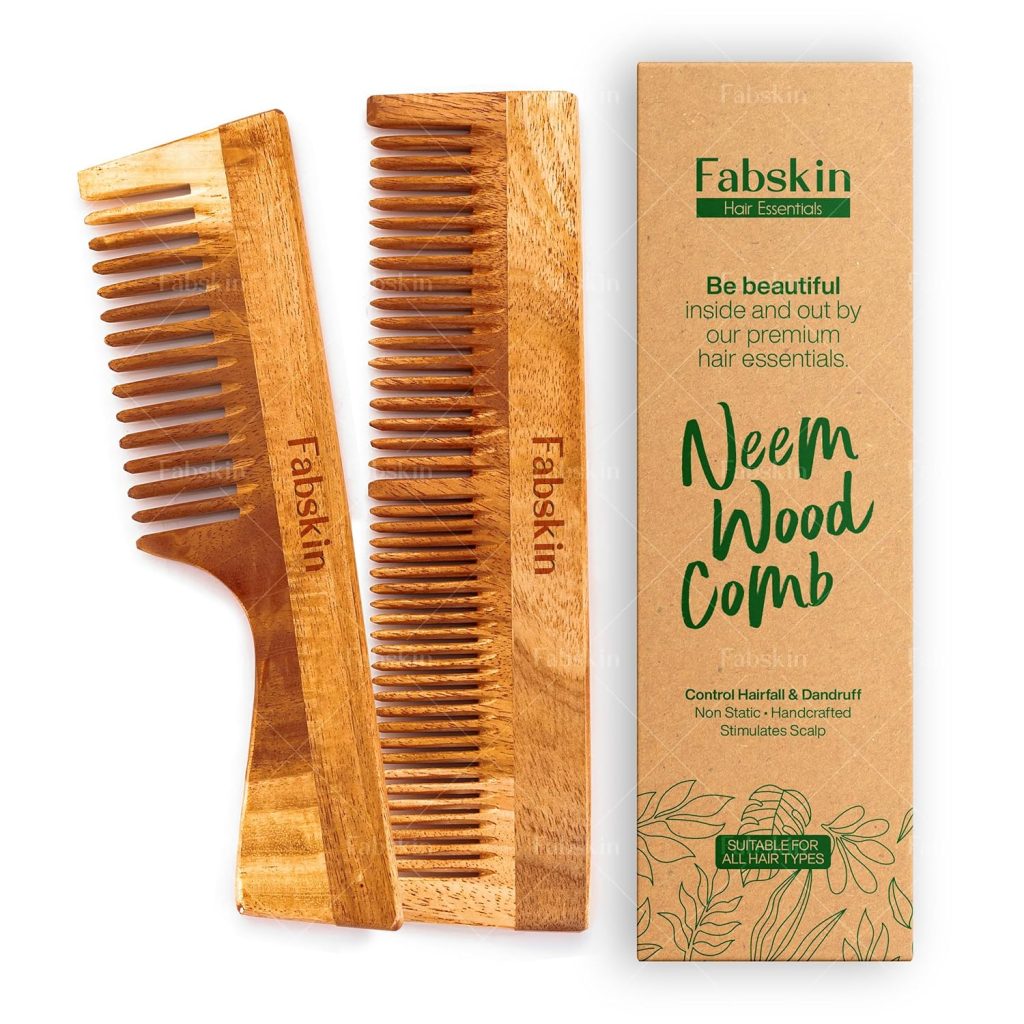 Fabskin Neem Wooden Comb For Men & Women | Set Of 2 | Detangling, Frizz Control, Hair Growth, Shine & Styling | Graduated & Handle Comb | For All Hair Types