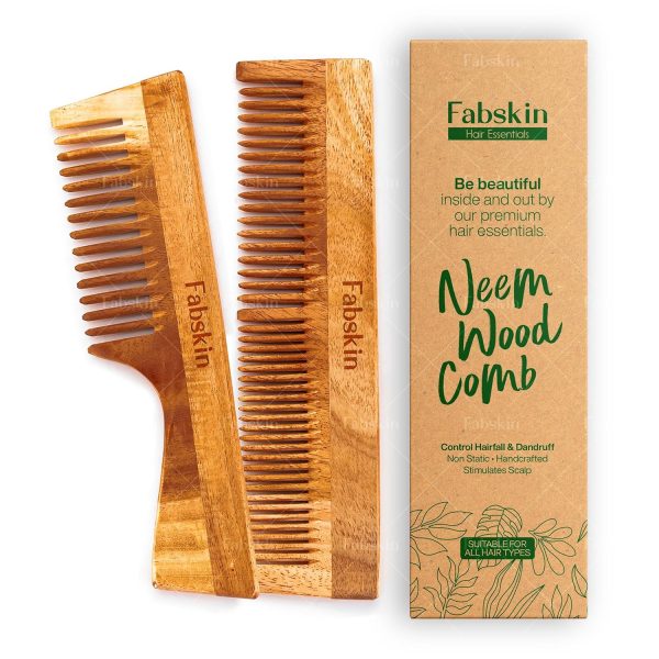 Fabskin Neem Wooden Comb For Men & Women | Set Of 2 | Detangling, Frizz Control, Hair Growth, Shine & Styling | Graduated & Handle Comb | For All Hair Types