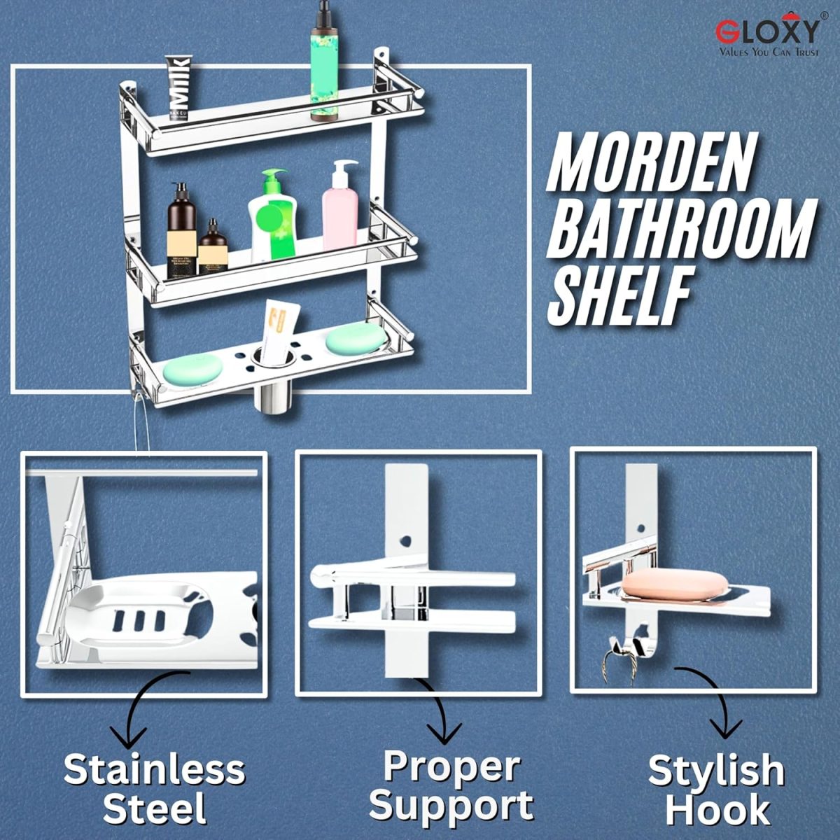 GLOXY ENTERPRISE Stainless Steel 3 Layer Multipurpose Organizer Shelf for Bathroom with Double Soap Dish and Toothbrush Holder Soap Holder for Bathroom Accessories (15 x 5 x 19 inch, Mirror Finish) - Image 3