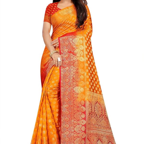 C J Enterprise Women's Banarasi Saree Pure Kanjivaram Silk Saree Soft Design Wear Pattu Sarees Latest Party Cotton With Blouse Piece Kanchipuram for Wedding traditional new 2024 (kismat-1 yellow)