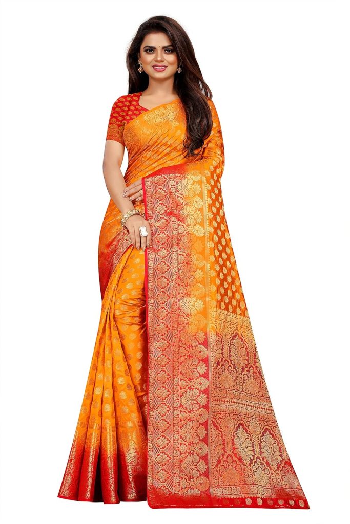 C J Enterprise Women's Banarasi Saree Pure Kanjivaram Silk Saree Soft Design Wear Pattu Sarees Latest Party Cotton With Blouse Piece Kanchipuram for Wedding traditional new 2024 (kismat-1 yellow)