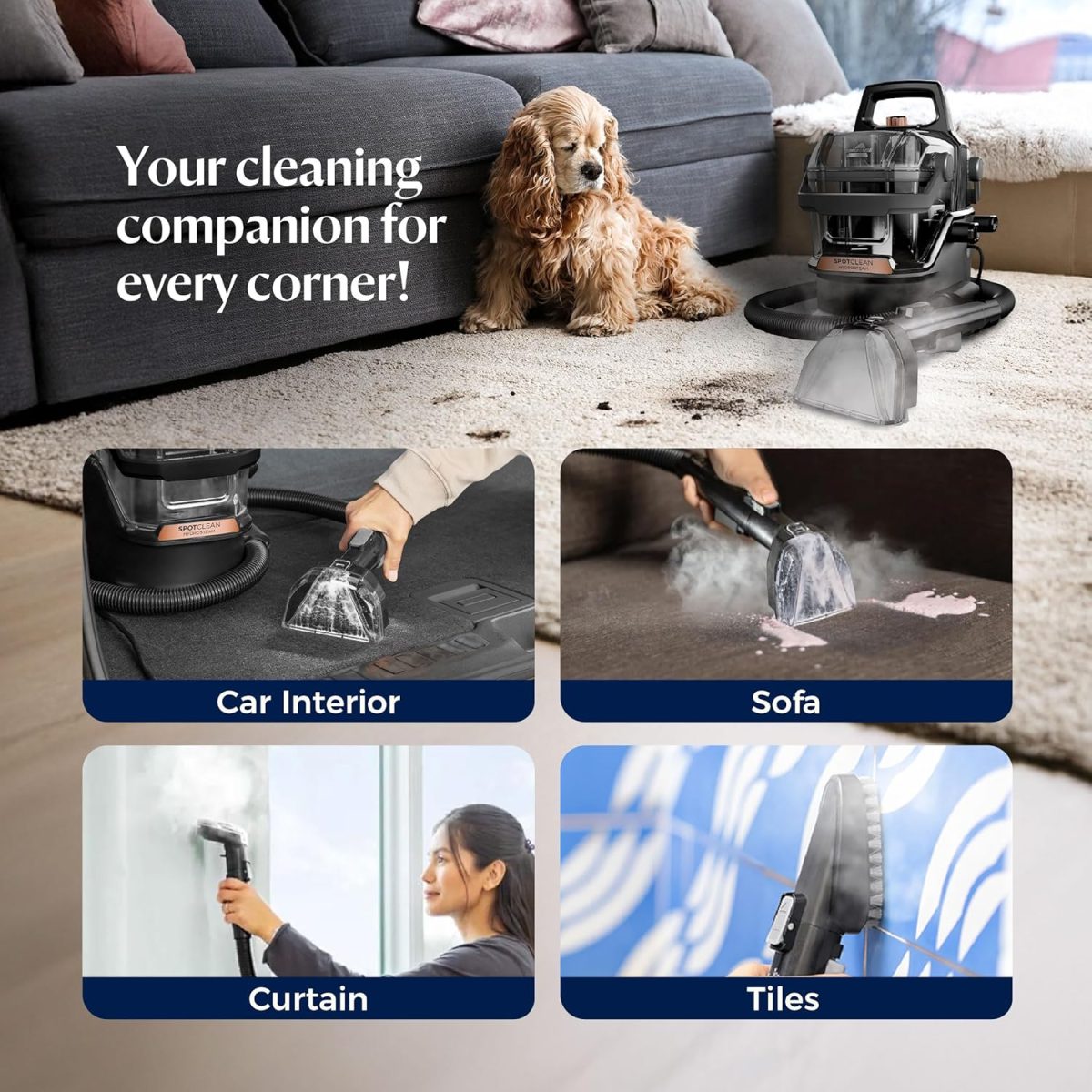 Bissell Portable Wet & Dry Vacuum Cleaner|HydroSteam Technology removes Curry & Tough Stains|Deep Cleans Carpet, Sofa, Curtains, Mattress & Refreshes Garments|2 Yrs Warranty|Cleaning Formula incl - Image 5