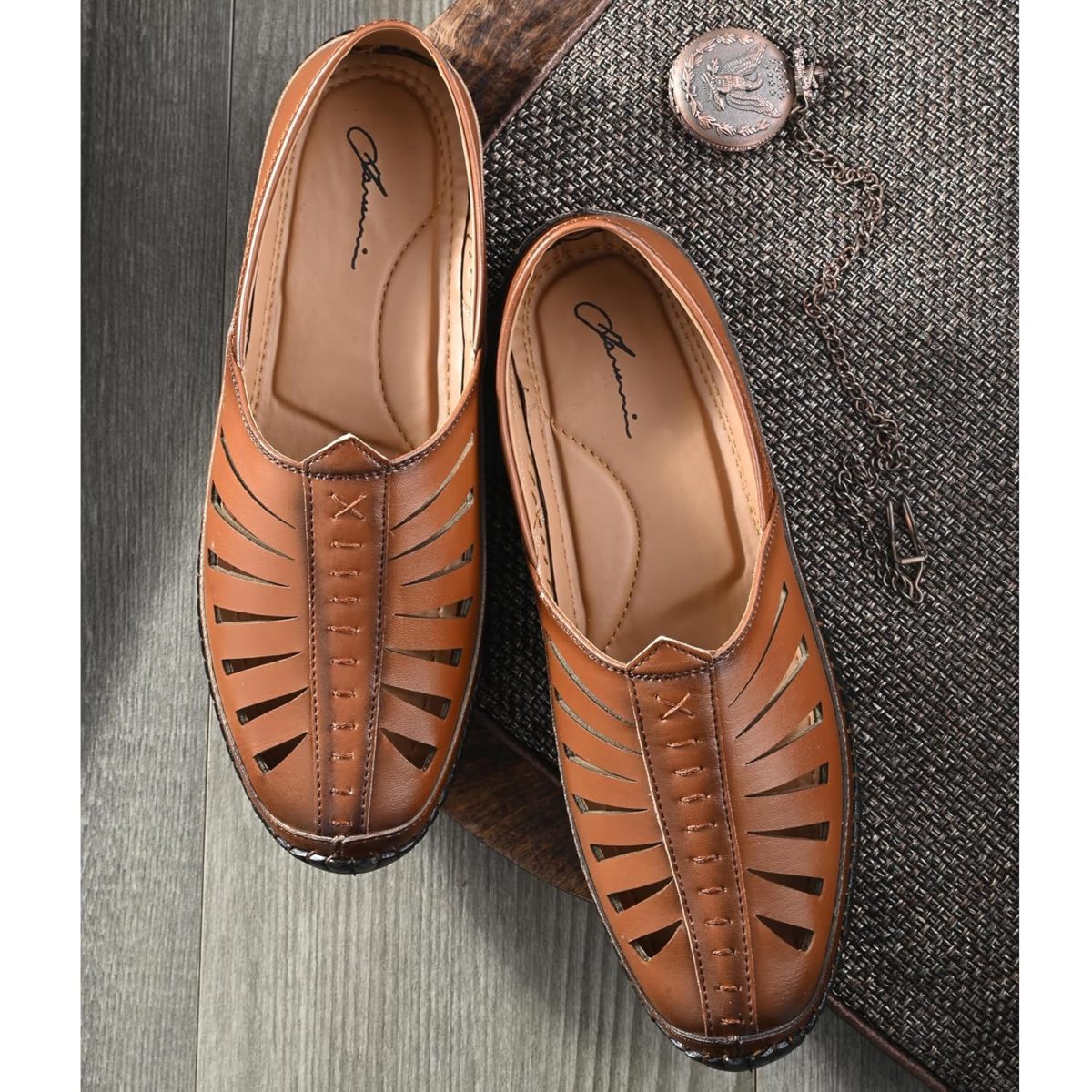 Karaddi 5082 Men's Loafer Stylish Ethnic Peshawari Nagra Mojadi Sherwani Sandals Wedding Latest Kolhapuri Brown Tan Black Shoes for Men - Image 3
