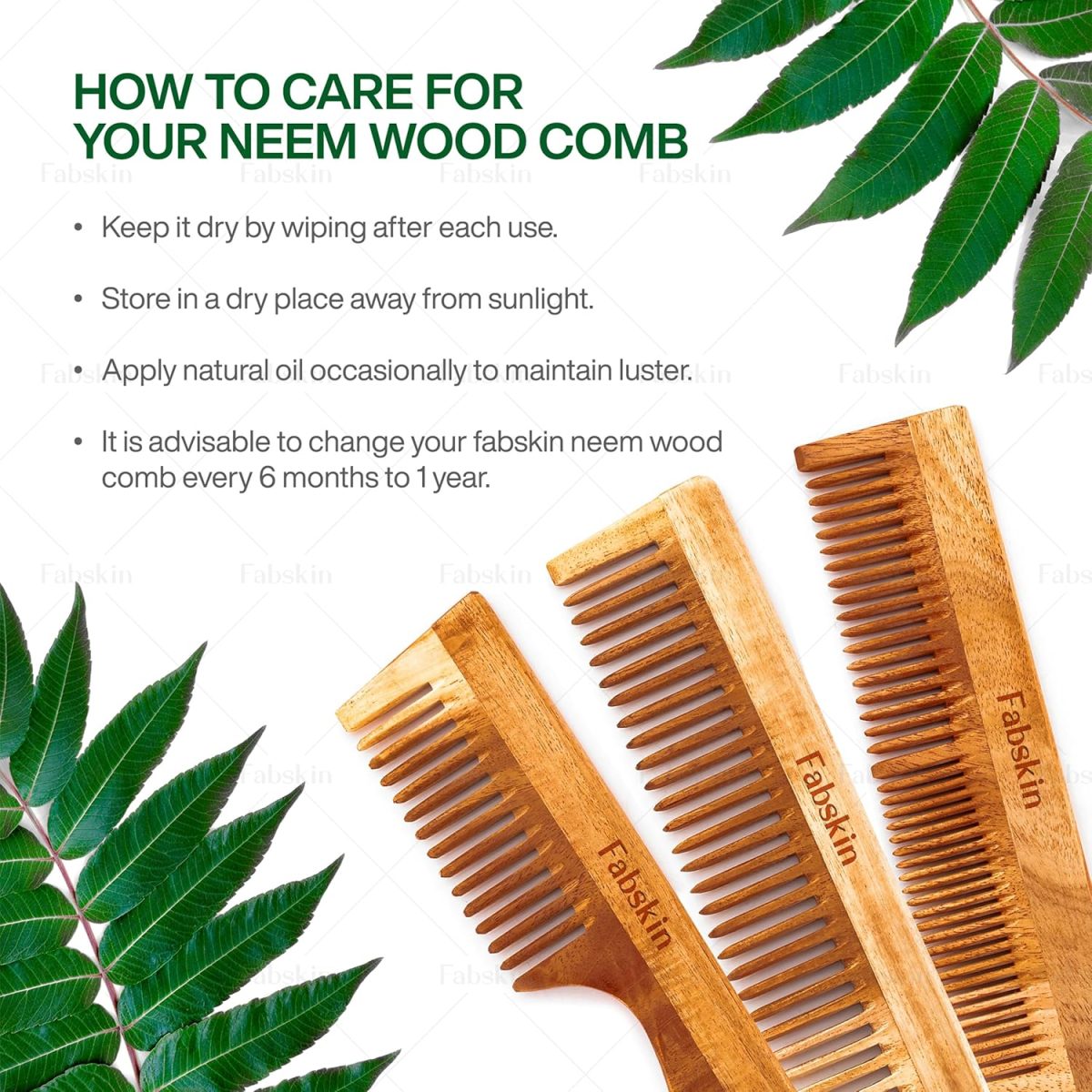 Fabskin Neem Wooden Comb For Men & Women | Set Of 2 | Detangling, Frizz Control, Hair Growth, Shine & Styling | Graduated & Handle Comb | For All Hair Types - Image 6