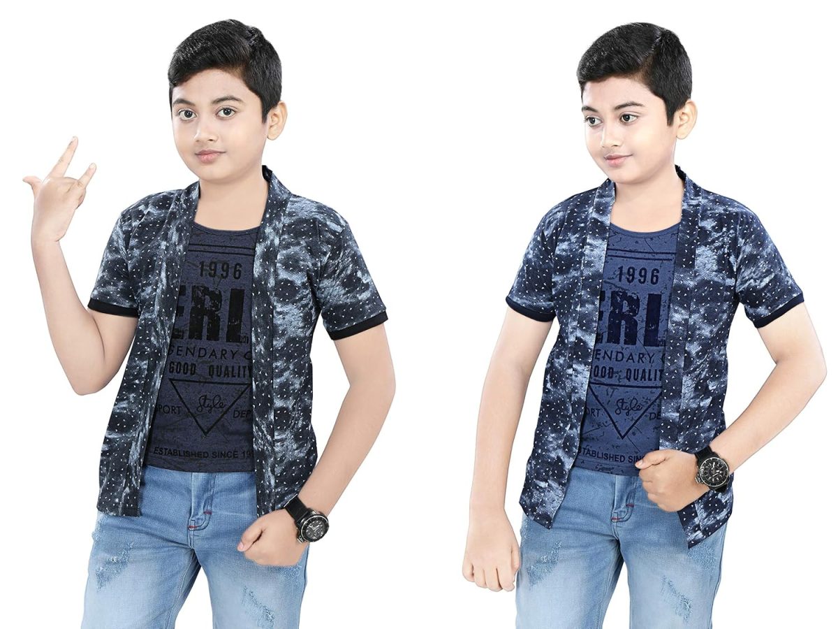 SDS Fashion Boy's Half Sleeve Cotton Grey and Blue Printed Round Neck T-Shirt with Printed Jacket Shrug Combo (9-10 Years)