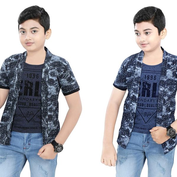 SDS Fashion Boy's Half Sleeve Cotton Grey and Blue Printed Round Neck T-Shirt with Printed Jacket Shrug Combo (9-10 Years)