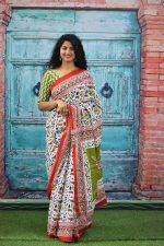 JALTHER Handicrafts Women's Ikat Hand Block Print Jaipuri Cotton Mulmul Saree with Blouse Piece