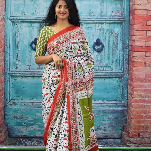 JALTHER Handicrafts Women's Ikat Hand Block Print Jaipuri Cotton Mulmul Saree with Blouse Piece