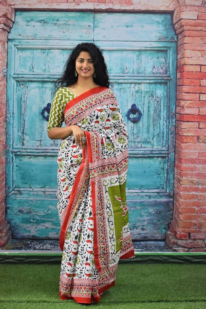 JALTHER Handicrafts Women's Ikat Hand Block Print Jaipuri Cotton Mulmul Saree with Blouse Piece
