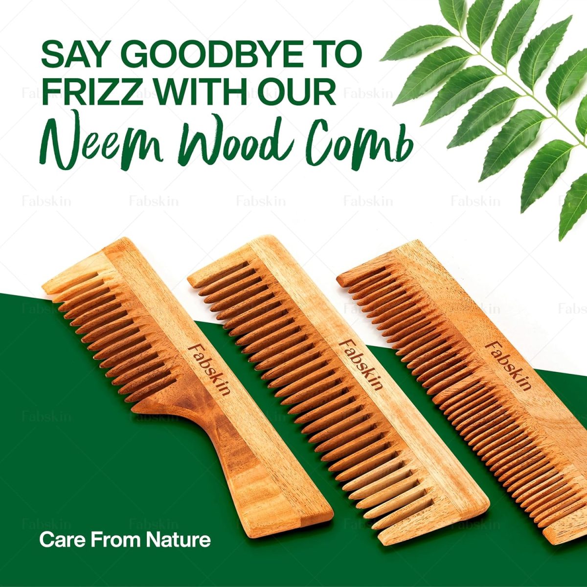 Fabskin Neem Wooden Comb For Men & Women | Set Of 2 | Detangling, Frizz Control, Hair Growth, Shine & Styling | Graduated & Handle Comb | For All Hair Types - Image 2