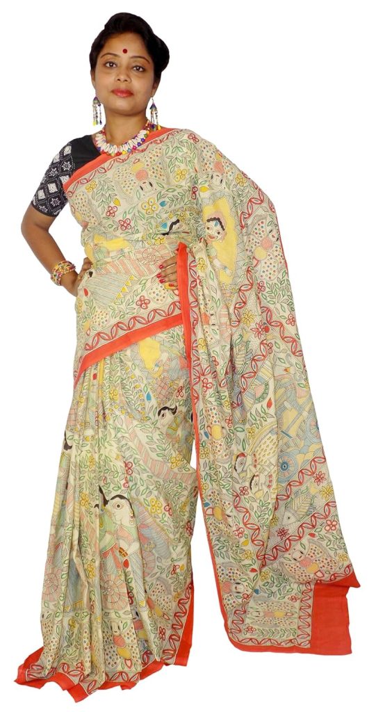 Kheyali Boutique Madhubani Print Yellow Cotton Saree For Women