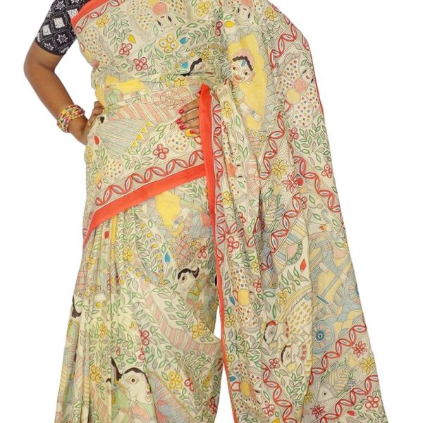 Kheyali Boutique Madhubani Print Yellow Cotton Saree For Women